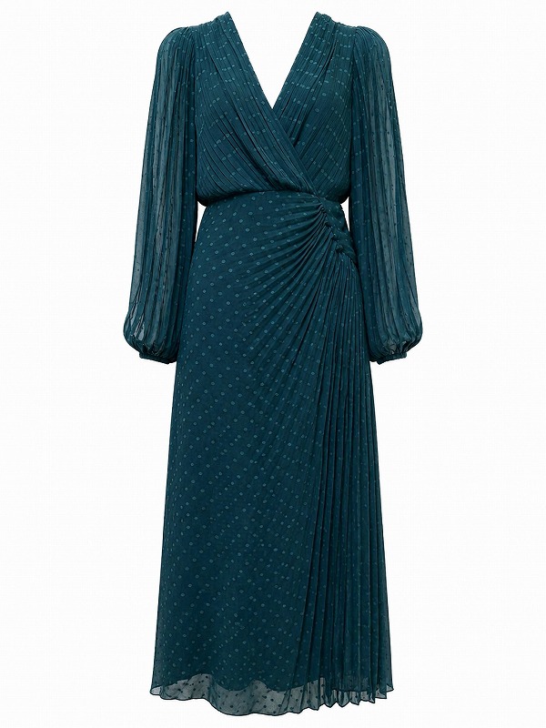 【新品DRESS 1031】ドットチュールカシュクールミモレ丈プリーツミディアムドレス グリーン【asos】